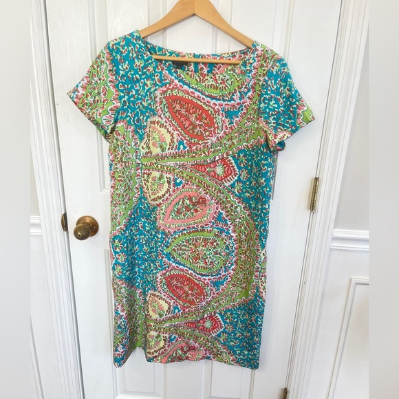 Talbots 100% Size 12 Silk Seaside Paisley Lined Short Sleeve Shift Dress Teal